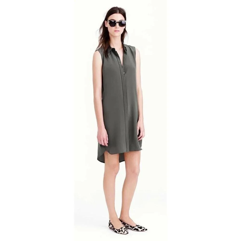 J. Crew Size S Silk Shirt Dress‎ Sleeveless in Black Button Front Pockets B2371